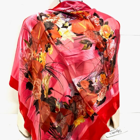 BeautifulPink Red Black Floral  Gianfranco Ferre Scar Silk Chiffon/Satin 34" (30 - Picture 7 of 13